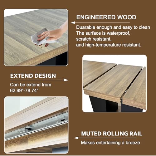 MELAABUU 7 Pieces Brown Extendable Dining Table Set, 63"-78.74" Expanding Modern Kitchen and Dining Room Table Set for 6, Rectangle Wooden Extendable Dining Table and Grey Velvet Upholstered Chairs MELAABUU