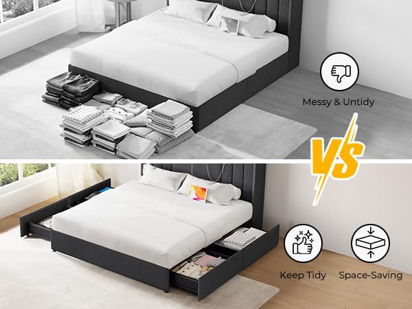 koorlian Queen Size Upholstered Bed Frame with 4 Storage Drawers and 51'' Tall Headboard Wingback Platform Bed Frames with RGB LED & USB Charging, 3 Adjustable Height, Noise-Free/Metal Support, Grey koorlian