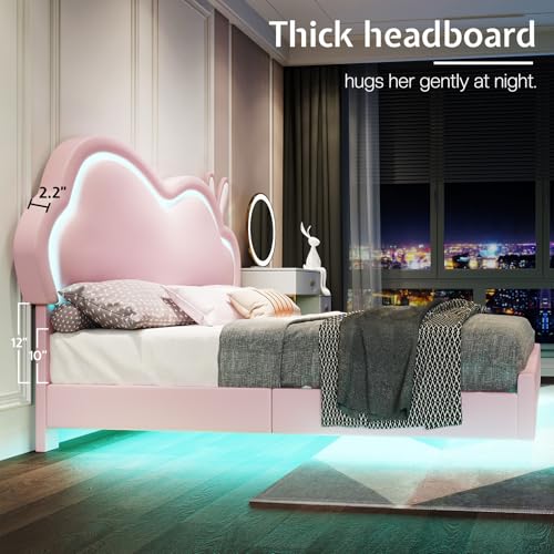 Jocisland LED Twin Bed Frame for Girls Upholstered Floating Bed with Cute Cloud Headboard, No Box Spring Needed, Leather, Pink Jocisland