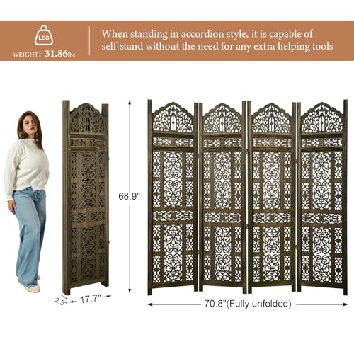 5.75Ft Room Divider Wood Screen, 33Lbs Durable Antiqued Style MDF Carved Headboard, Reversible Freestanding Folding Partition Paravent for Home Terrace, 69 * 71 inch(H*W) - 4 Panels (Antique Brown) Svimi