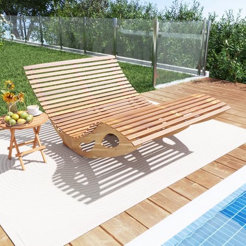 Tangkula Outdoor Double Chaise Lounge Chair, Acacia Wood Rocking Sunbed with Slatted Backrest and Seat, Wooden Loveseat Rocker for Patio, Garden and Poolside