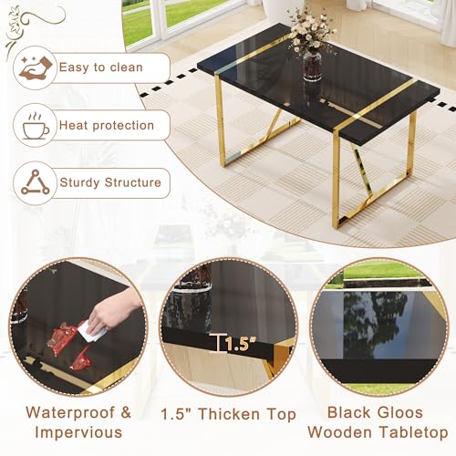 Black Dining Table Set for 4, 55" Black Glossy Top with Gold Metal Legs, Modern Dining Table Set for 4 & Velvet Tufted Chair with Nailhead Trim, Luxry Kitchen Table Set Ideal for Dining Room,APT Iopirbu