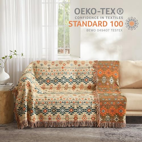 Boho Throw Blanket for Bed 80”x90”, 100% Cotton Woven Blanket for Couch Sofa, Ultra Soft 4-Layer Muslin Quilt with Diamond Pattern, Farmhouse Bed Blanket/Cover for Living Room Decor SE SOFTEXLY