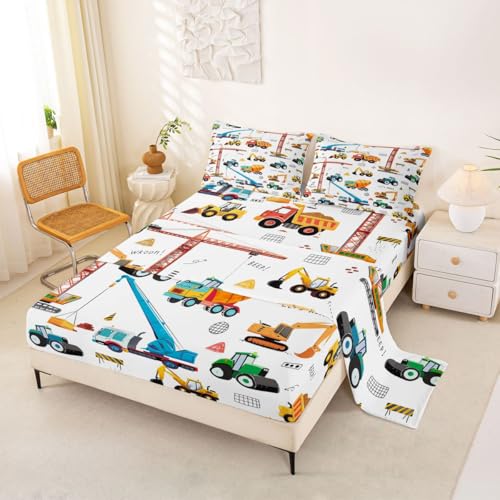 Excavator Bed Sheets King Size, Tractor Machinery Trucks Sheet Set, Kids Boys Construction Vehicle Fitted Sheet, Bulldozer Crane Equipment Truck Bed Sheet set With 2 Pillow Cases, Yellow Green Erosebridal