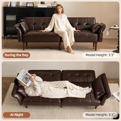 HALLYBEE 85” Futon Sofa Bed, Sleeper Sofa, Small Couch with Storage Adjustable Armrests Pillows, Faux Leather Loveseat, Mid Century Modern Couches for Living Room, Bedroom, Apartment, Coffee Brown HALLYBEE