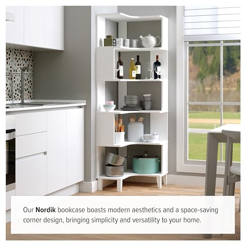 Prepac Nordik 6-Tier White Modern Mid Century Corner Bookcase, 71.5" Extra Tall White Corner Shelf with Storage, Multifunctional Freestanding Bookshelf for Home Office, Living Room, Bedroom Prepac