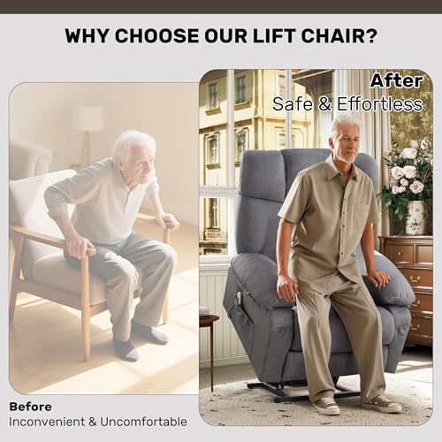 jonpony Power Lift Recliner Chair for Elderly, Big and Tall Lift Chair with Massage and Heat for Living Room, Fabric Electric Recliner Chairs with 4 Side Pockets, USB Charge Port,Grey