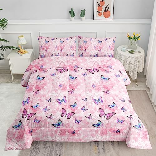 Datura home Kids Comforter Set Girls Pink Flower Butterfly Printed Pattern Quilt Bedding Set with 1 Comforter and 2 Pillowcases for Girls Bedroom All Season(Pink Flower Butterfly Twin 68x86inch) SXMFFHCG