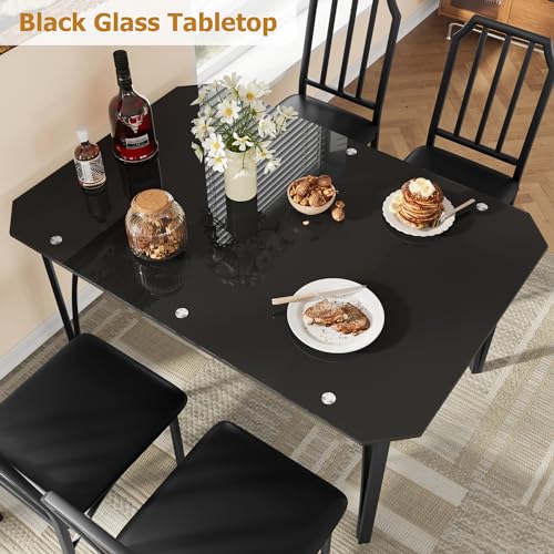 GAOMON Dining Table Set for 4, Glass Top Rectangular Kitchen Table and Upholstered Chairs for 4, 5 Piece Dining Room Table Set with Chamfer Design, for Kitchen Room, Home, Apartment GAOMON