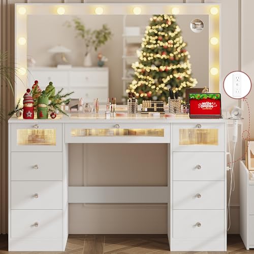 IFSEB Makeup Vanity Desk with LED Lights and Large 36.9’’ Mirror, 9 Drawers Vanity with Glass Top & 3 Color Hollywood Bulbs, Make Up Vanity with Charging Station & Crystal Knobs for Woman, White IFSEB