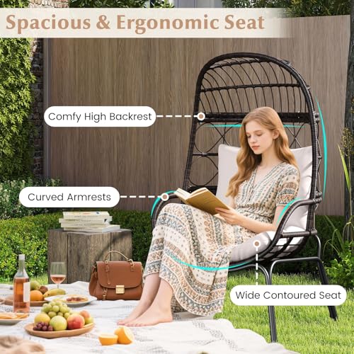 Tangkula Narrow Wicker Egg Chair Outdoor, Patio Rattan Lounge Basket with Seat & Back Cushions, Metal Indoor Outdoor Leisure Sofa Cocoon Chair for Bedroom, Backyard, Balcony, 400 lbs Max Load Tangkula