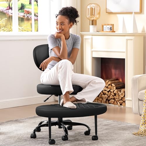 AtHope Ergonomic Cross Legged Office Chair with Wheels - Adjustable Height for Meditation, ADHD Desk & Yoga - Wide Criss Cross Design with Lumbar Support, Kneeling Chair - Black AtHope