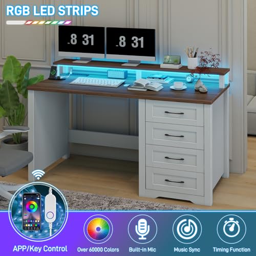 Vabches 47" Farmhouse Executive Desk with Monitor Stand and LED Lights,4 Drawers Computer Desk with Power Outlets,Large Workspace for Work Study Writing.Unique White Vabches