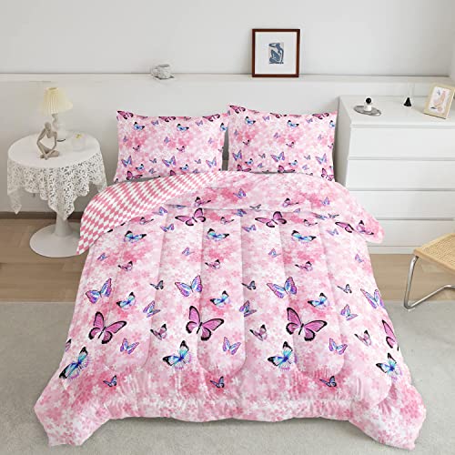 Datura home Kids Comforter Set Girls Pink Flower Butterfly Printed Pattern Quilt Bedding Set with 1 Comforter and 2 Pillowcases for Girls Bedroom All Season(Pink Flower Butterfly Twin 68x86inch) SXMFFHCG
