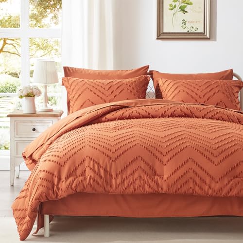 Anluoer Queen Comforter Set, Burnt Orange Tufted Bed in a Bag 7 Pieces with Comforter, 2 Pillow Shams, 2 Pillowcases, 1 Flat Sheet, 1 Fitted Sheet Anluoer