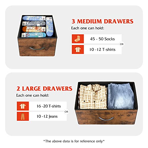 WLIVE TV Stand Dresser for Bedroom with 5 Fabric Drawers, Entertainment Center with Open Shelf and Power Outlet for 45 inch TV, Media Console Table with Storage for Closet, Living Room, Rustic Brown WLIVE