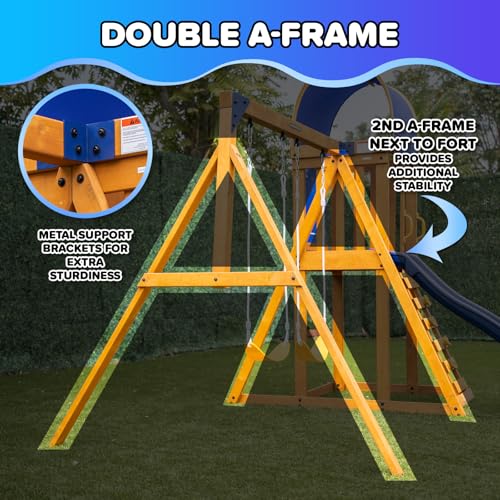 Sportspower™ Rosemont Wooden Swing Set with 8' Slide, 2 Adjustable Swings, Trapeze, Play Fort with Rock Climber, Sandbox, Picnic Table, Chalk Tarp & Anchor Kit, Outdoor Playset for Kids Ages 3–8 Sportspower