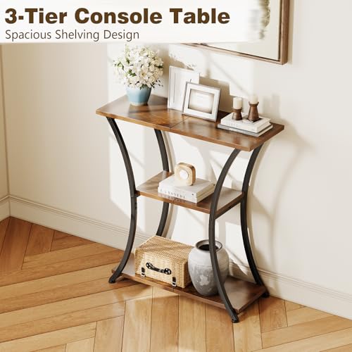 Trironsun Rustic 3-Tier Console Table with Open Shelves Narrow Entryway Table with Curved Metal Frame Slim Sofa Table for Hallway Living Room or Foyer (Rustic Brown) Trironsun