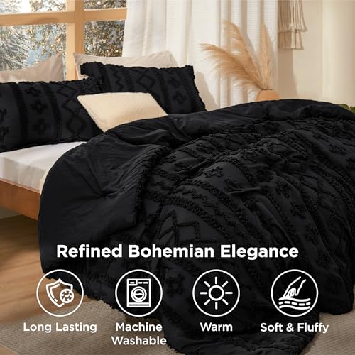 Bedsure Tufted Boho Comforter Set Queen Size - Black Boho Bed Set, GentleSoft™ 3 Pieces Farmhouse Shabby Chic Embroidery Bedding, Gifts for Woman, Soft Jacquard Queen Comforter for All Seasons Bedsure