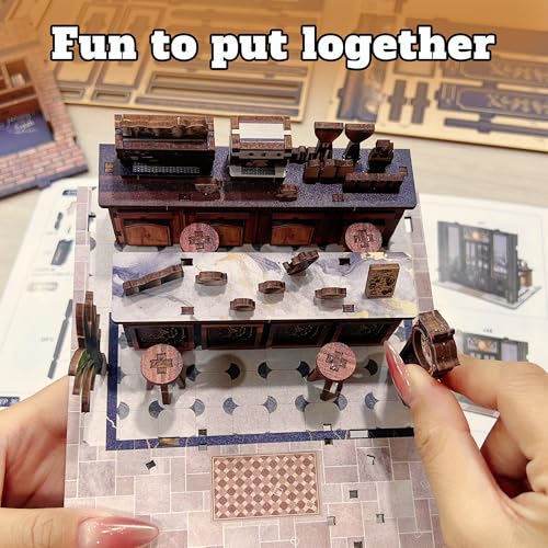 Coffee Shop Book Nook Kit, DIY Miniature House Kit with Led Light for Adult and Teens, 3D Wooden Puzzles Book Nook, Tiny House, Gifts for Family and Friends (with Assembly Manual)