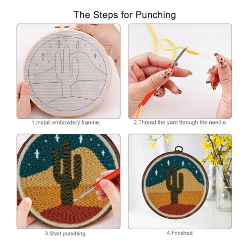 PYHIRRY Punch Needle Kits Adults Beginner Cactus,with Tool, Hoop, Yarn, Fabric & Video Tutorials -Complete Punch Needle kit for Home Decor Craft for Wall Art & Gifts