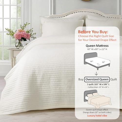 KASENTEX Oversized Queen Quilt Set 102"x106" – Soft Washed 3-Layer Lightweight Bedspread, Minimalist Nordic Design, All-Season Spring & Summer Quilt Set (1 Quilt + 2 Pillow Shams),Cream White KASENTEX