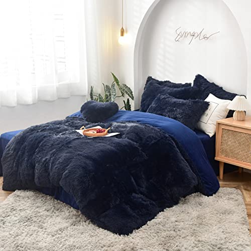 MorroMorn 5 PCS Shaggy Duvet Cover Bedding Set - Long Faux Fur Luxury Ultra Soft (Navy, Full/Queen) MorroMorn