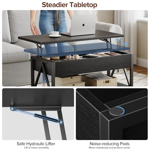 Memobarco Lift Top Coffee Table,Lift Coffee Table with Storage Shelf and Large Hidden Compartment for Living Room,Lifting top Coffee Table for Small Space,Black Memobarco
