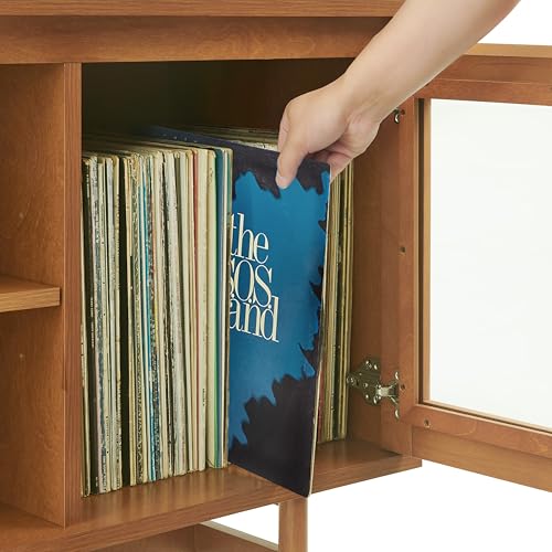 Crosley Furniture Dempsey Record Player Cabinet Vinyl Storage and Display Mid-Century Modern Turntable Stand, Walnut Crosley Furniture