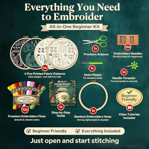 Moni Crafts - Embroidery Kit for Beginners Adults β Learn Embroidery Stitches, Complete Starter Kit with 4 Pre-Printed Patterns (Mushroom & Floral), Threads, Needles & Hoop β Video Tutorials