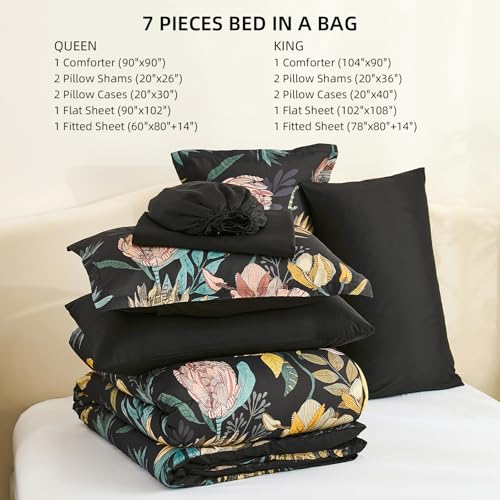 Luxudecor Floral Comforter Set Queen Size 7 Pieces Bed in a Bag,Beige Flower Print on Dark Green Bedding Set,Soft Microfiber Bedding Set for All Season (Dark Green,90"x90") Luxudecor