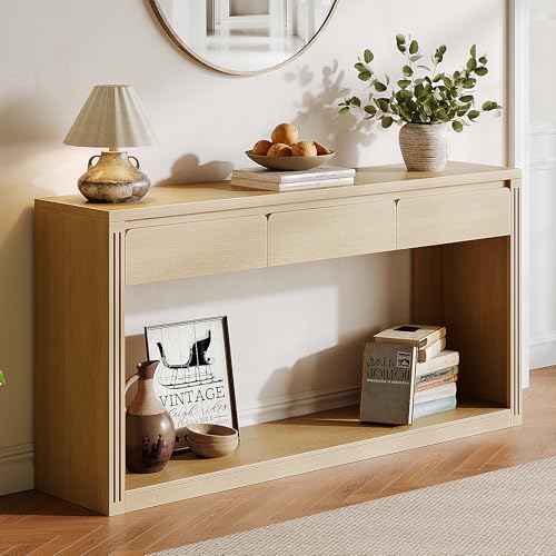 Treocho 63.9" Long Console Tables for Entryway, Farmhouse Entryway Table with Drawers, Narrow Sofa Table Behind Couch Table for Living Room, Entrance, Hallway, Natural Treocho