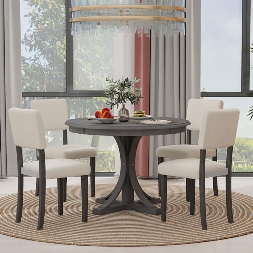 Merax 5-Piece Retro Round Dining Table Set with Curved Trestle Style Legs and 4 Upholstered Chairs, Kitchen Furniture, Dark Gray Merax