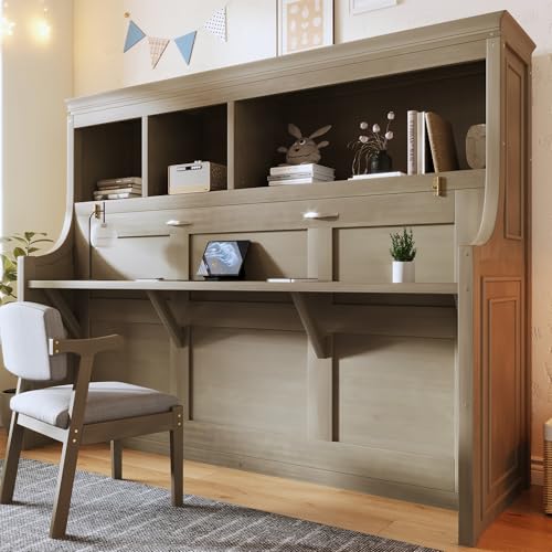 LUMISOL Murphy Bed Twin Size with Desk, Wood Wall Bed Frame with Storage Shelves, Space-Saving Farmhouse Cabinet Bed Frame for Small Bedroom, Home Office, Apartment, Grey Wash LUMISOL
