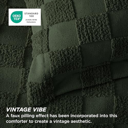 Bedsure Full Size Comforter Set Dark Olive Green, Boho Tufted Bed Set, Checkered Farmhouse Shabby Chic Bedding, 3 Pieces, 1 Plaid Geometric Comforter and 2 Pillow Shams Bedsure