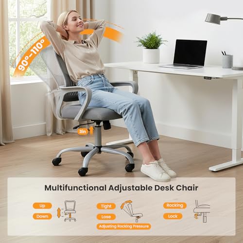 Sweetcrispy Home Office Managerial Executive Chair, Ergonomic Mesh Adjustable Swivel Mid-Back Computer Desk Chair with Comfortable Lumbar Support, Comfy Arms for Bedroom,Study Sweetcrispy