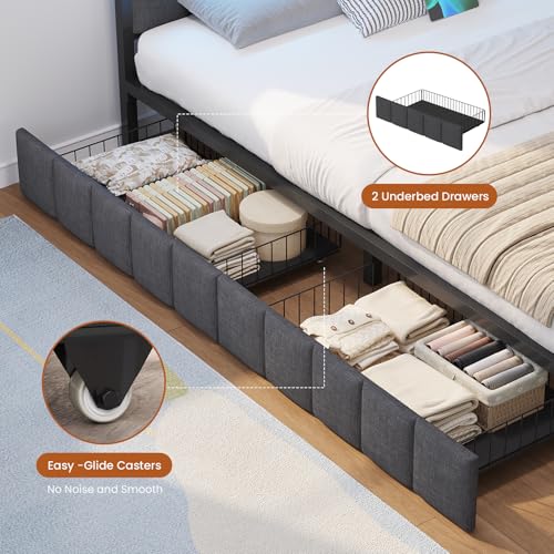 Hasuit Queen Corner Bed Frame with Storage Drawers, Queen Daybed with Line Fabric Upholstered Fence, Kids Bed Unit with LED Light and Charging Station, Modern Bed Frame Queen Size, Gray Hasuit