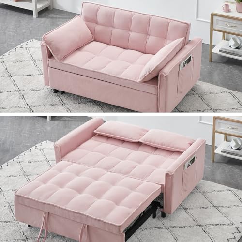 3 in 1 Corduroy Convertible Sofa Bed, Pull Out Couch Bed with Reclining Backrest and 2 Pillows, 54" Full Size Loveseat Sleeper Sofa Futon Couch Beds, Couches for Small Spaces, Living Room (Pink) Majnesvon