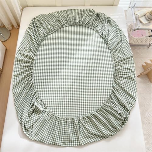 LifeTB Green Gingham Fitted Sheet King 1 Piece Plaid Bedding Sheet Soft 100% Washed Cotton Grid Single Bottom Sheet Green Gingham Bed Sheet Cotton Mattress Cover 15" Deep Pocket Farmhouse Grid Sheet LifeTB