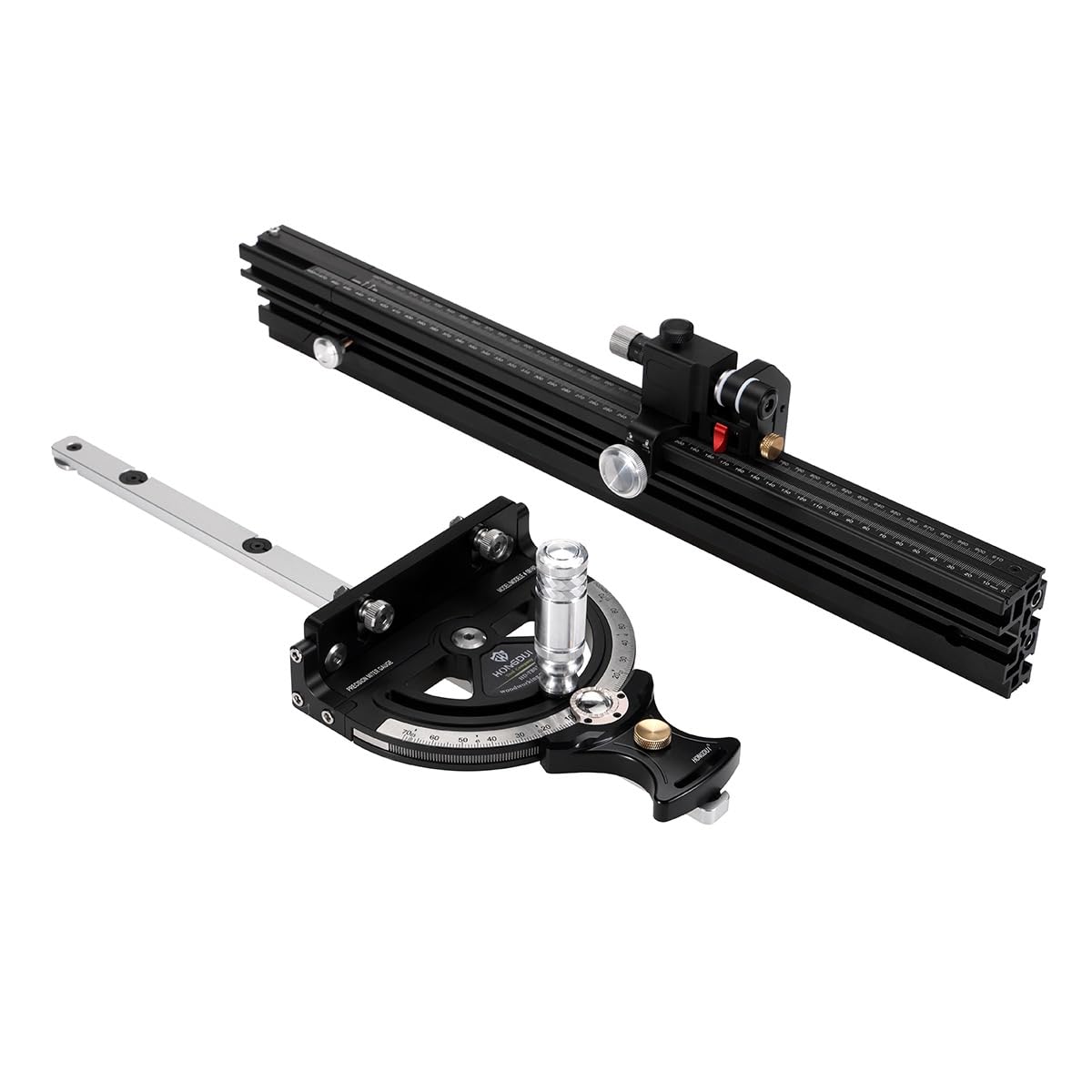 Precision Miter Gauge, Standard Slot, Aluminum Alloy Table Saw Miter Gauge with Miter Fence with 45 Degree Angled Ends for Maximum Stock Support & a Repetitive Cut Flip Stop MUKIDY