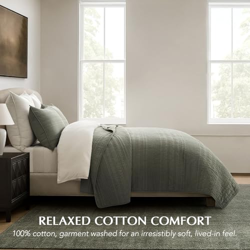 EVERGRACEHOME 100% Cotton Modern Lines Quilt Set Queen Size, Pre-Washed Soft Striped Coverlet Bedspread, 3 Piece Lightweight Bedding Set for All Season, with 2 Pillow Shams, Olive Green EVERGRACEHOME