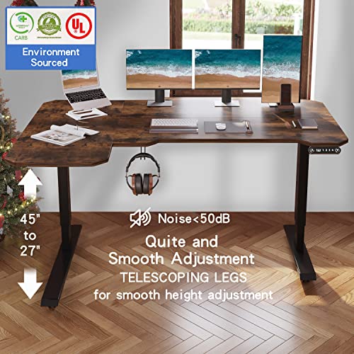 BUNOEM L-Shaped 59" Height Adjustable Electric Standing Desk, Sit and Stand Up Home Office Computer Desk with Splice Board (Rustic Brown Top, Black Frame) BUNOEM