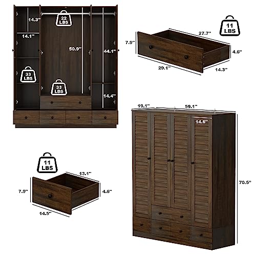 Hitow Wardrobe Armoire with 4 Louvered Doors, Wardrobe Cabinet for Hanging Clothes with 5 Drawers, Bedroom Armoire Dresser Wardrobe Clothes Organizer, Dark Walnut (59.1" W x 19.1" D x 70.5" H) Hitow