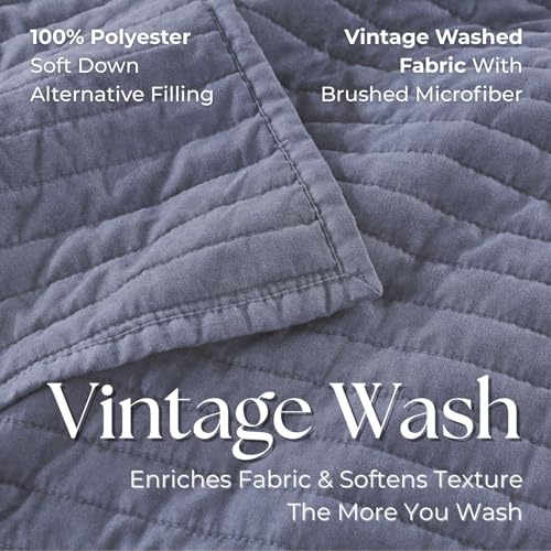 DOWN HOME Queen Quilt Bedding Set with Shams, Vintage Washed Soft Quilted Blanket Thin Comforter Lightweight Bedspread Coverlet Bed Cover, Brushed Microfiber Stripe Stitching, Vintage Denim, 86"x90" DOWN HOME