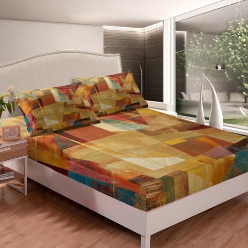Feelyou Orange Red and Yellow Sheet Set King Size Kids Geometric Abstract Sheets with Deep Pocket Fitted Sheet for Boys Girls Teens Modern Bed Sheets Set Artwork Bedding Set Room Decor Feelyou