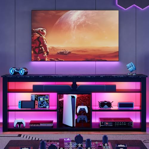 Bestier TV Stand for 65/70 inch TV, Tall Entertainment Center with 2 Led Lights, Gaming TV Console with Storage for PS5, Modern TV Cabinet for Bedroom, Living Room, Black Marble Bestier