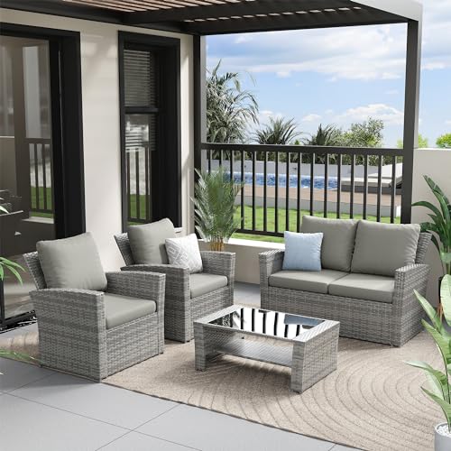 Amopatio 4 Pieces Outdoor Patio Furniture Set,Wicker Sectional Sofa Outdoor Patio Set Outdoor Rattan Patio Furniture, Patio Conversation Sets with Cushion, Grey Amopatio