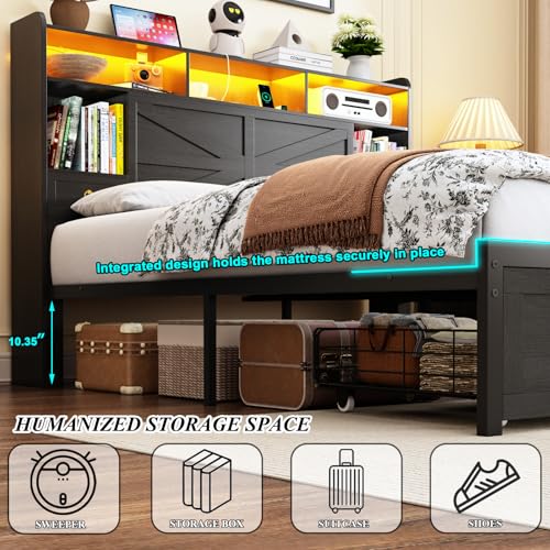 Etditrnp Full Bed Frame with Storage Headboard, Farmhouse Platform Bed Frame with Bookshelf, Drawers, LED Lights and Charging Station, Metal Slats Support, Noise Free, No Box Spring Needed, Black Etditrnp