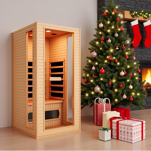 SWHSE Infrared Sauna, 1 Person Full Spectrum Roomy Saunas for Home, Indoor Dry Sauna with Rapid Heating 4 Carbon Panels&1 Carbon Tube, Bluetooth and 7 Color Therapy Lights, 110V SWHSE