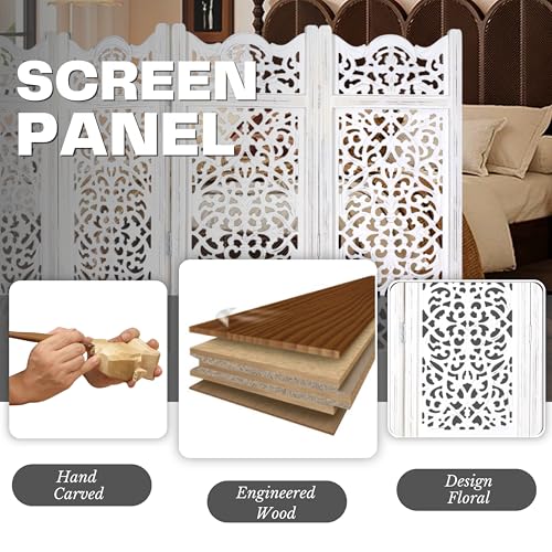 Room Divider Wood Screen Panel – Antique White, 4-Panel Folding 64"x48", Hand-Carved, Reversible Privacy Partition, Decorative & Functional Portable Room Divider for Home or Office The Wooden Town
